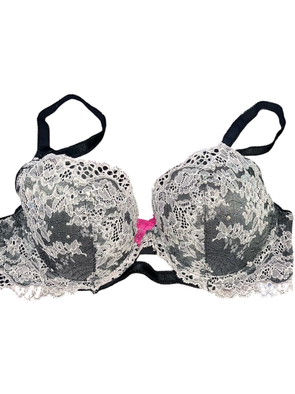 Victoria's Secret Black Bra with White Lace and Pink Center